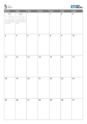 Calendário mensal 7 colunas × 5 linhas com mini calendários do mês anterior e do próximo exibidos no espaço livre – modelo (Vertical).