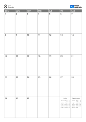 Calendario mensual 7 columnas × 5 filas con mini calendarios del mes anterior y siguiente en los espacios libres – plantilla de calendario mensual (Vertical).