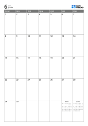 Calendário mensal 7 colunas × 5 linhas com mini calendários do mês anterior e do próximo exibidos no espaço livre – modelo (Vertical).