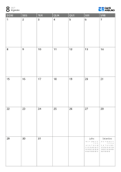 Calendário mensal 7 colunas × 5 linhas com mini calendários do mês anterior e do próximo exibidos no espaço livre – modelo (Vertical).