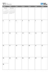 Calendário mensal 7 colunas × 5 linhas com mini calendários do mês anterior e do próximo exibidos no espaço livre – modelo (Vertical).