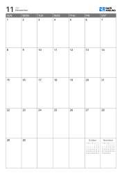 A 7-column × 5-row monthly calendar with previous/next month mini calendars displayed in the empty area – monthly calendar template (Vertical).