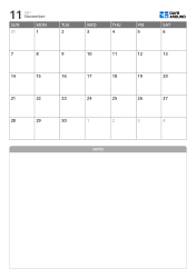 5-week monthly calendar template with a top section for schedules and a bottom area for free notes (vertical)