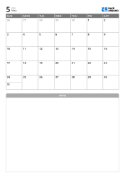 5-week monthly calendar template with a top section for schedules and a bottom area for free notes (vertical)