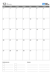 modèle de calendrier mensuel en portrait avec espace événements et notes en bas