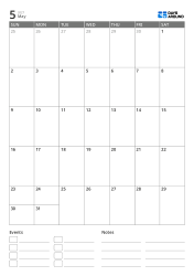 portrait monthly calendar template with events and notes section at the bottom