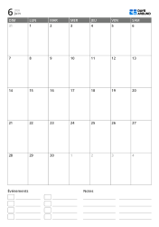 modèle de calendrier mensuel en portrait avec espace événements et notes en bas
