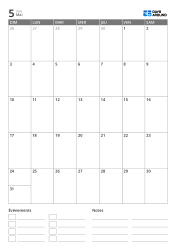 modèle de calendrier mensuel en portrait avec espace événements et notes en bas