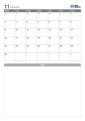 Minimal monthly calendar (Monday start) with notes section at the bottom