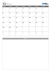 Minimal monthly calendar (Monday start) with notes section at the bottom