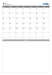 Calendrier mensuel minimaliste (début lundi) avec espace de notes en bas