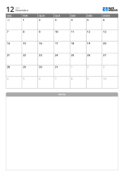 Calendário mensal minimalista (início na segunda-feira) com área de notas na parte inferior