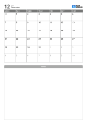 Minimal monthly calendar (Monday start) with notes section at the bottom