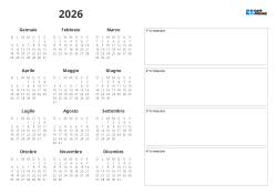 Modello di calendario annuale stampabile con mini calendari mensili e un ampio riquadro orizzontale sulla destra per annotare appuntamenti e note dei trimestri 1–4 (Orizzontale)
