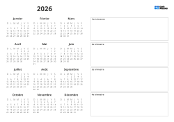 Modèle de calendrier annuel imprimable avec mini-calendriers mensuels et un large espace horizontal à droite pour noter les événements et notes des trimestres 1 à 4 (Paysage)