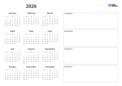 Printable yearly calendar template featuring monthly mini calendars and a wide horizontal box on the right for key schedules and notes for Q1–Q4 (Landscape)