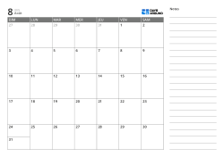 Modèle de calendrier mensuel au format paysage avec une grille mensuelle 7×5 à gauche et un espace de notes ligné à droite.