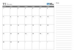 Modelo de calendário mensal horizontal com uma grade mensal 7×5 à esquerda e um espaço de notas com linhas à direita.