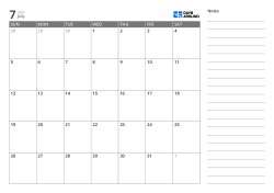 A landscape monthly calendar template with a 7×5 monthly grid on the left and a lined notes section on the right.