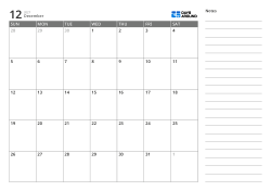 A landscape monthly calendar template with a 7×5 monthly grid on the left and a lined notes section on the right.