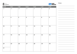 Modelo de calendário mensal horizontal com uma grade mensal 7×5 à esquerda e um espaço de notas com linhas à direita.