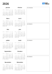 Modèle de calendrier annuel à imprimer avec mini-calendriers mensuels et une grande zone encadrée à droite pour noter les événements et mémos importants des 1er à 4e trimestres (format vertical)