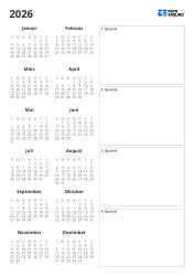 Jahreskalender-Vorlage zum Ausdrucken mit monatlichen Mini-Kalendern und einem großen Box-Bereich auf der rechten Seite zur Erfassung wichtiger Termine und Notizen für das 1.–4. Quartal (Hochformat)