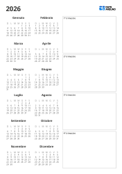 Modello di calendario annuale stampabile con mini calendari mensili e un ampio spazio a riquadri sul lato destro per annotare impegni e note principali dal 1° al 4° trimestre (verticale)