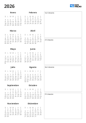 Plantilla de calendario anual imprimible con mini calendarios mensuales y un amplio espacio en cuadros a la derecha para anotar eventos y notas clave del 1.º al 4.º trimestre (vertical)