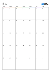 Portrait monthly calendar featuring rainbow color accents and daily sections designed for multi-line notes and monthly planning