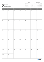 En la parte superior derecha se ubican mini calendarios del mes anterior y siguiente; en la parte inferior, un calendario mensual 7 × 5 – plantilla de calendario mensual (Vertical).