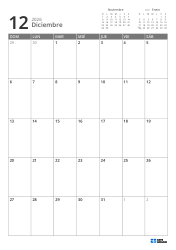 En la parte superior derecha se ubican mini calendarios del mes anterior y siguiente; en la parte inferior, un calendario mensual 7 × 5 – plantilla de calendario mensual (Vertical).