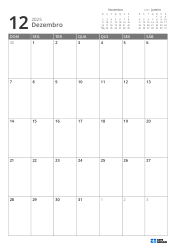 No canto superior direito estão mini calendários do mês anterior e próximo; abaixo, um calendário mensal 7 × 5 – modelo de calendário mensal (Vertical).