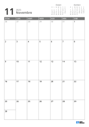 In alto a destra ci sono i mini calendari del mese precedente e successivo. In basso un calendario mensile 7 × 5 – modello mensile (Verticale).