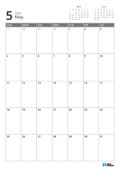 Mini calendars for the previous and next month are placed on the top right, and a 7 × 5 monthly calendar is placed below – monthly calendar template (Vertical).