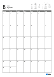 In alto a destra ci sono i mini calendari del mese precedente e successivo. In basso un calendario mensile 7 × 5 – modello mensile (Verticale).