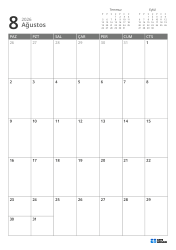 Üst sağda önceki ve sonraki ay mini takvimleri, altta 7 × 5 aylık takvim – aylık takvim şablonu (Dikey).