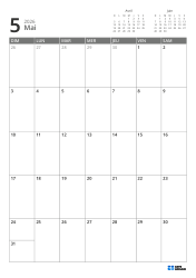 En haut à droite se trouvent les mini-calendriers du mois précédent et du mois suivant. En bas, un calendrier mensuel 7 × 5 – modèle de calendrier mensuel (Vertical).