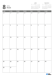 En haut à droite se trouvent les mini-calendriers du mois précédent et du mois suivant. En bas, un calendrier mensuel 7 × 5 – modèle de calendrier mensuel (Vertical).