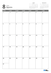 In alto a destra ci sono i mini calendari del mese precedente e successivo. In basso un calendario mensile 7 × 5 – modello mensile (Verticale).