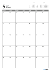 En la parte superior derecha se ubican mini calendarios del mes anterior y siguiente; en la parte inferior, un calendario mensual 7 × 5 – plantilla de calendario mensual (Vertical).