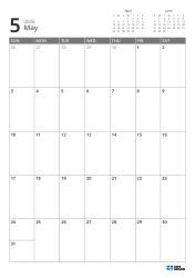 Mini calendars for the previous and next month are placed on the top right, and a 7 × 5 monthly calendar is placed below – monthly calendar template (Vertical).