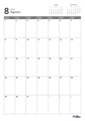 In alto a destra ci sono i mini calendari del mese precedente e successivo. In basso un calendario mensile 7 × 5 – modello mensile (Verticale).