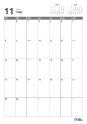 ऊपर दाईं ओर पिछले और अगले महीने के मिनी कैलेंडर हैं, और नीचे 7 × 5 का मासिक कैलेंडर है — मासिक कैलेंडर टेम्पलेट (वर्टिकल)।