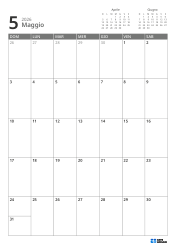 In alto a destra ci sono i mini calendari del mese precedente e successivo. In basso un calendario mensile 7 × 5 – modello mensile (Verticale).