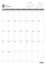 In alto a destra ci sono i mini calendari del mese precedente e successivo. In basso un calendario mensile 7 × 5 – modello mensile (Verticale).