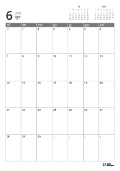 ऊपर दाईं ओर पिछले और अगले महीने के मिनी कैलेंडर हैं, और नीचे 7 × 5 का मासिक कैलेंडर है — मासिक कैलेंडर टेम्पलेट (वर्टिकल)।