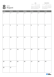 Mini calendars for the previous and next month are placed on the top right, and a 7 × 5 monthly calendar is placed below – monthly calendar template (Vertical).