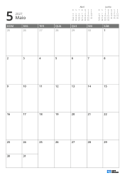 No canto superior direito estão mini calendários do mês anterior e próximo; abaixo, um calendário mensal 7 × 5 – modelo de calendário mensal (Vertical).