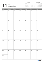 Mini calendars for the previous and next month are placed on the top right, and a 7 × 5 monthly calendar is placed below – monthly calendar template (Vertical).